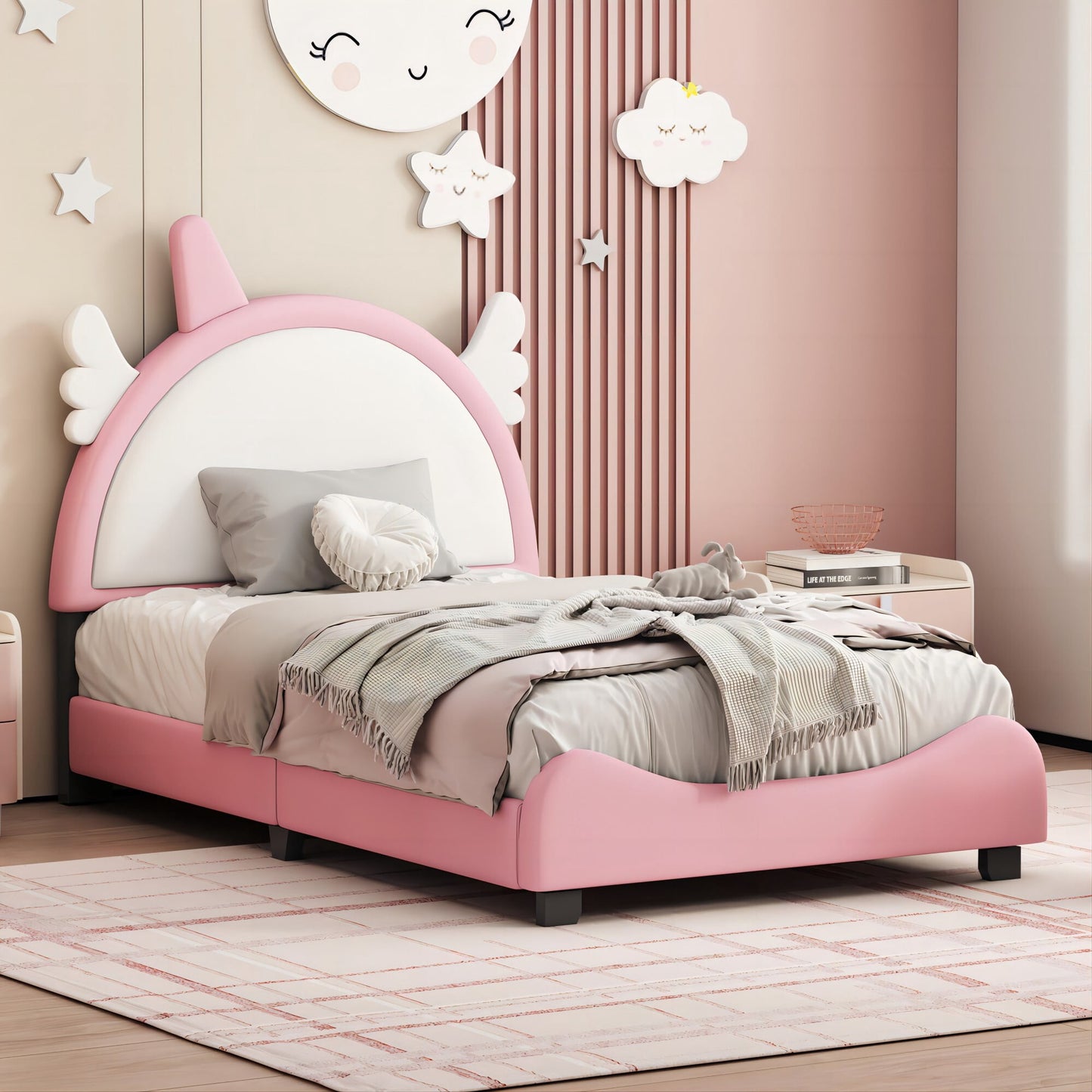 CASEMIOL Twin Bed Frames with Headboard for Kids Girls Boys, Kids Platform Bed Frame with Bear Shape, No Noise, No Spring Box Needed, Easy Assembly,Upholstered Leather + Wood