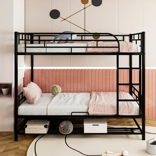 CASEMIOL Twin Over Twin Metal Bunk Bed with Shelf and Guardrails for Kids Teens Adult, Can Be Converted To 2 Beds