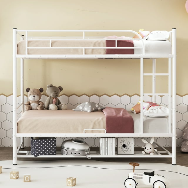 CASEMIOL Twin Over Twin Metal Bunk Bed with Shelf and Guardrails for Kids Teens Adult, Can Be Converted To 2 Beds