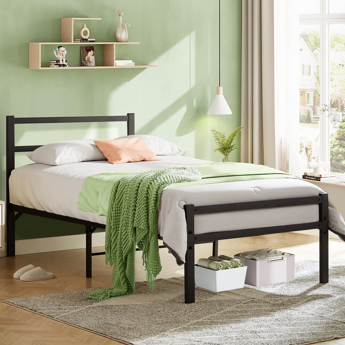 CASEMIOL Twin Size Metal Bed Frame with High Headboard and Footboard, Platform Bed Frame with Under-Bed Storage, Heavy Duty Steel Slat Support, No Box Spring Needed, Easy Assembly, No Noise, Black