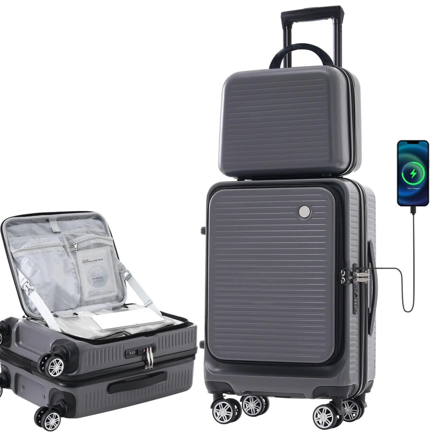 Carry on Hardshell Luggage Sets 2 Piece with USB Port TSA Lock, 20 inch Front Open Suitcase with Spinner Wheels and Front Pocket, Small Carry on Suitcase Set with 1 Portable Carrying Case