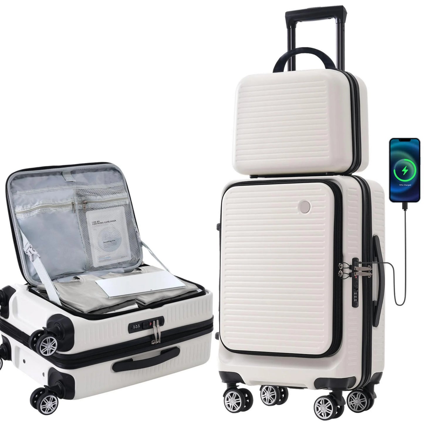 Carry on Hardshell Luggage Sets 2 Piece with USB Port TSA Lock, 20 inch Front Open Suitcase with Spinner Wheels and Front Pocket, Small Carry on Suitcase Set with 1 Portable Carrying Case