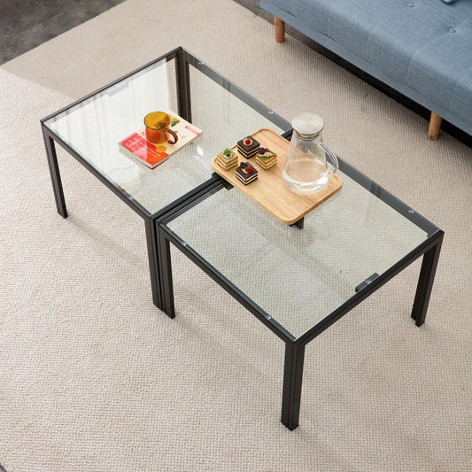 Coffee Table Set 2 pieces, Modern Minimalist Square Center Cocktail Table Set with Tempered Glass Finish, Industrial Metal Tea Table for Living Room Home Office, Transparent