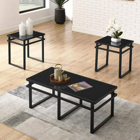 Coffee Table Sets 3 Pieces Black, Modern Rectangle Living Room Table Set with a Glass Top and Metal Tube, Industrial Cocktail Tables and End Tables for Home Office