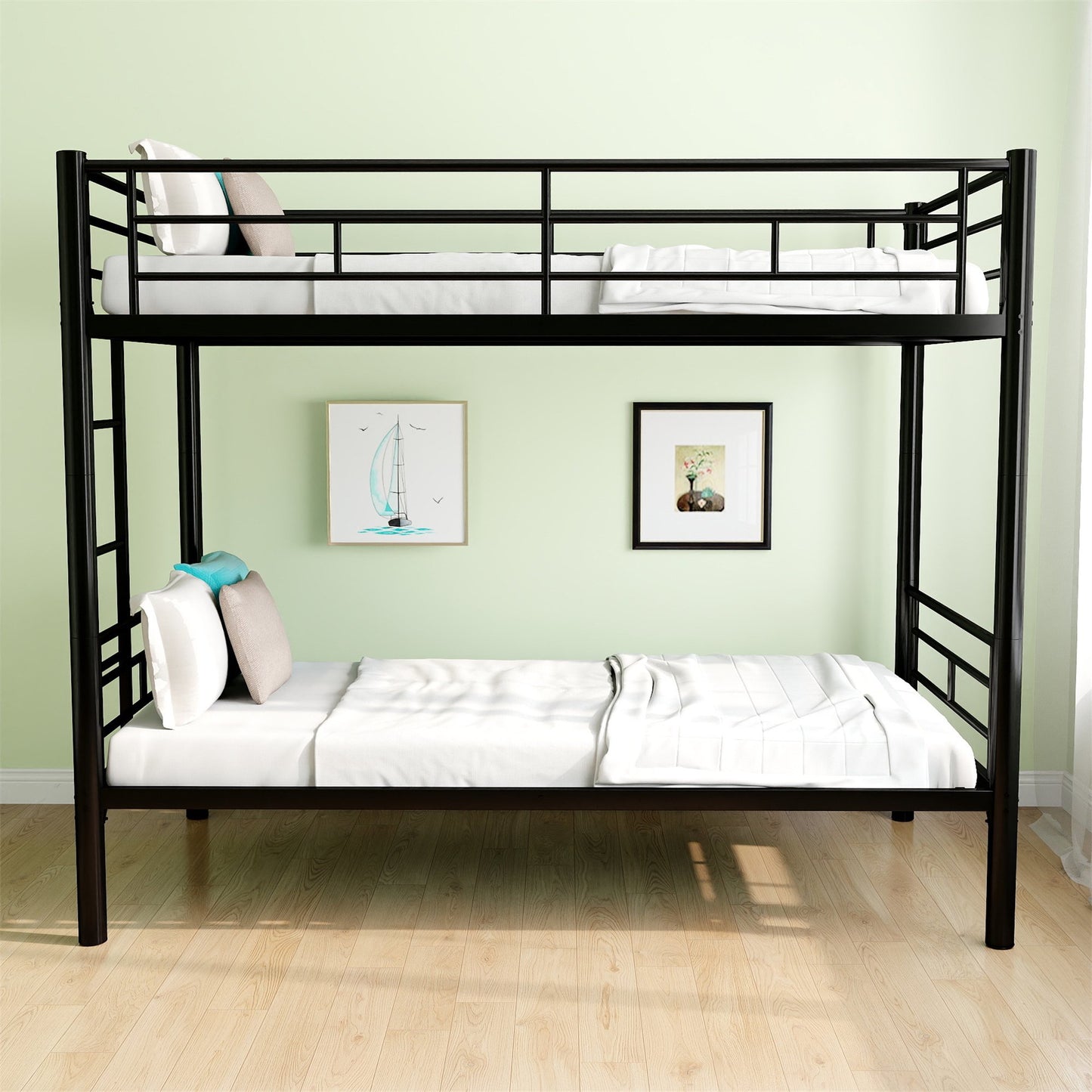 Convertible Twin Over Twin Bunk Bed with Safety Guardrail & Ladder, Converted into 2 Individual Beds, Anti-Rust Metal Bunk Bed Frame, Noise-free, Heavy Duty Bunk Bed for Kids Teens Adults