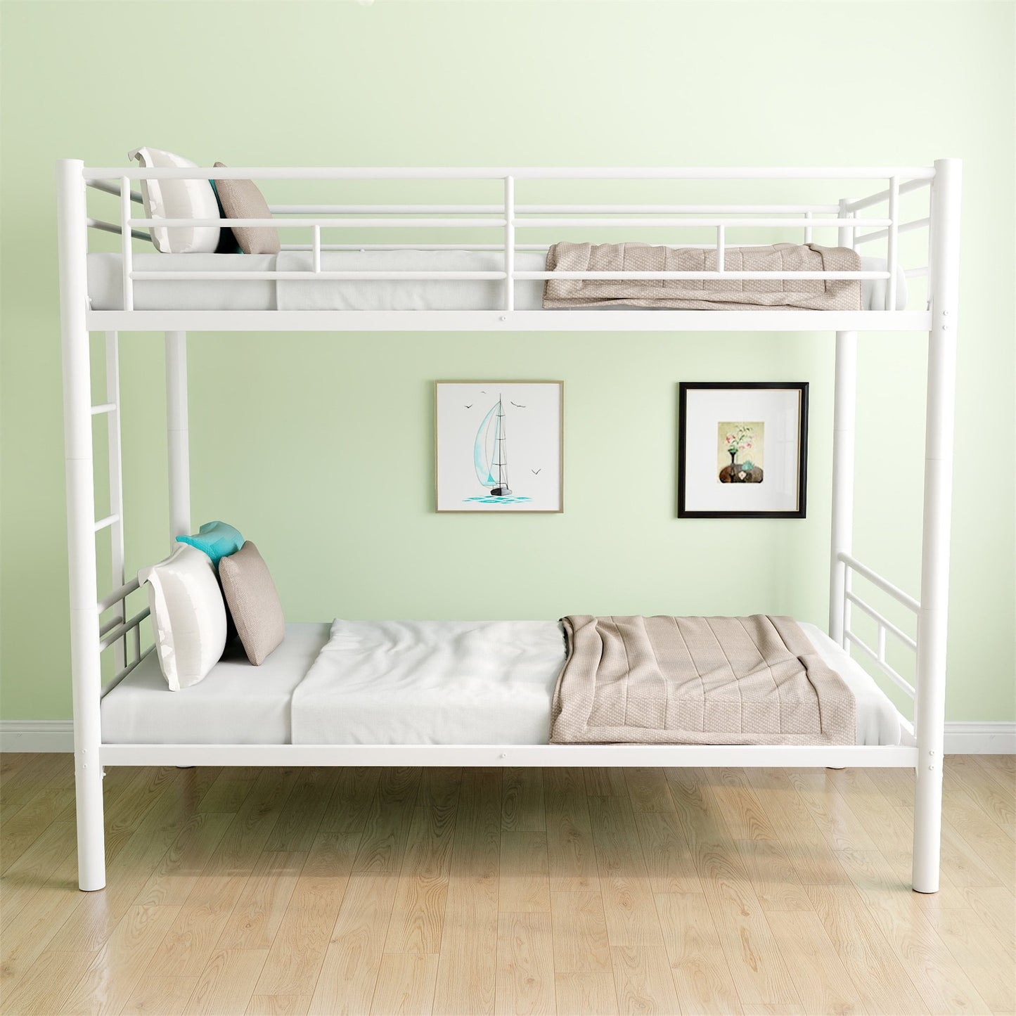 Convertible Twin Over Twin Bunk Bed with Safety Guardrail & Ladder, Converted into 2 Individual Beds, Anti-Rust Metal Bunk Bed Frame, Noise-free, Heavy Duty Bunk Bed for Kids Teens Adults