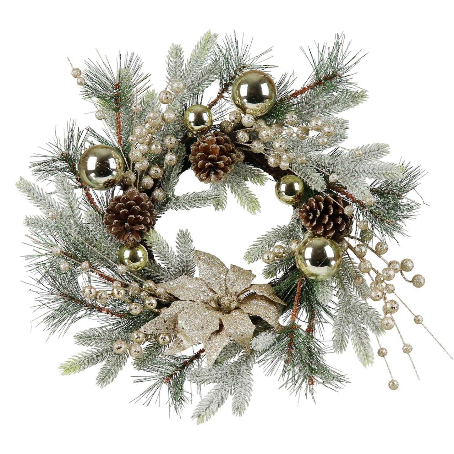 20 In Christmas Wreath with 8 Lighting Modes & Timer Function, Christmas Decorations with Christmas Balls, Pine Cones, Golden Berries, Pine Needle, Christmas Wreaths for Front Door