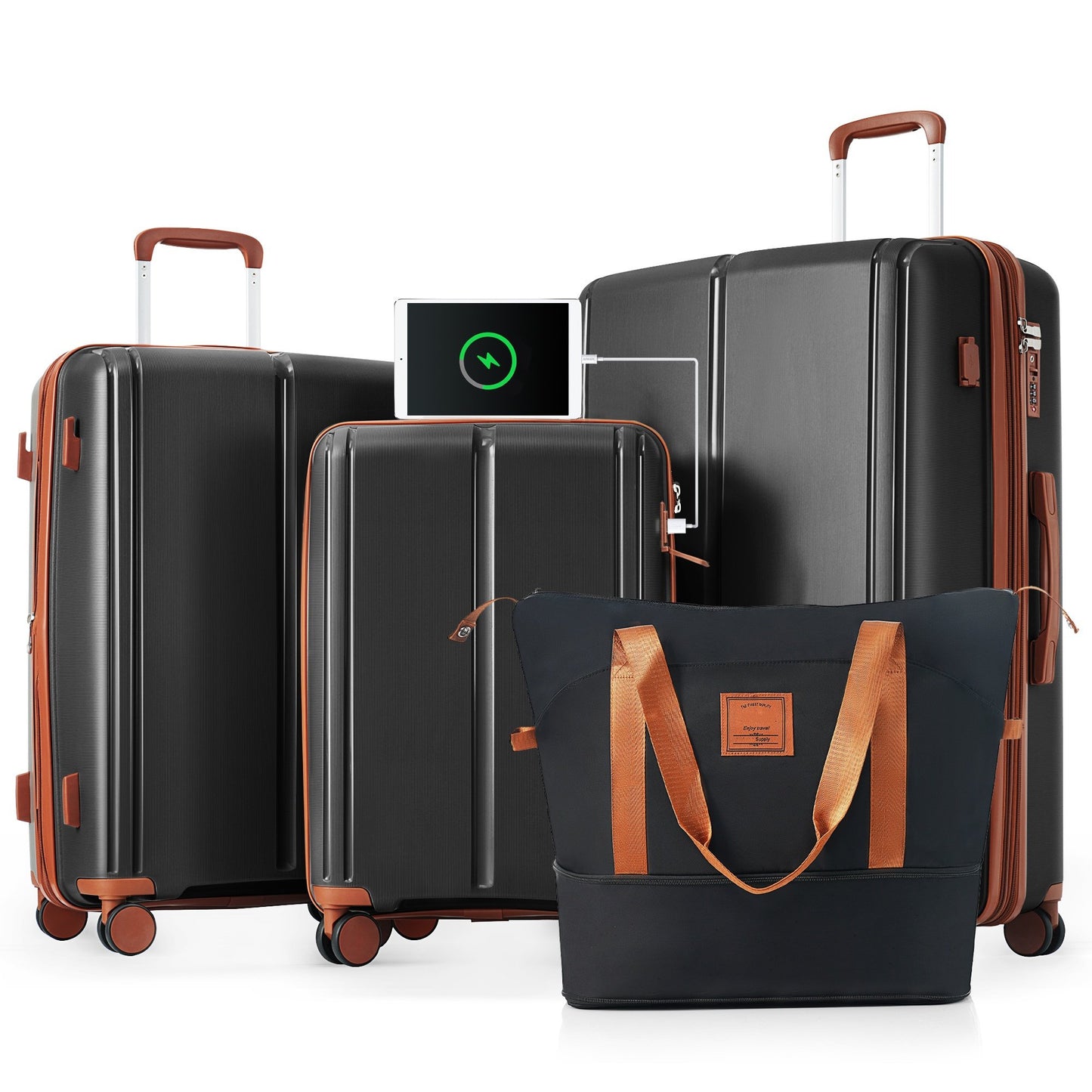 Expandable Luggage Sets 4 Piece with USB Port, Suitcase Set with Spinner Wheels TSA Lock, 20" Carry on Luggage Sets with Travel Bag, 24" Checked Luggage Set with Hooks, 28" Large Luggage Sets, Black