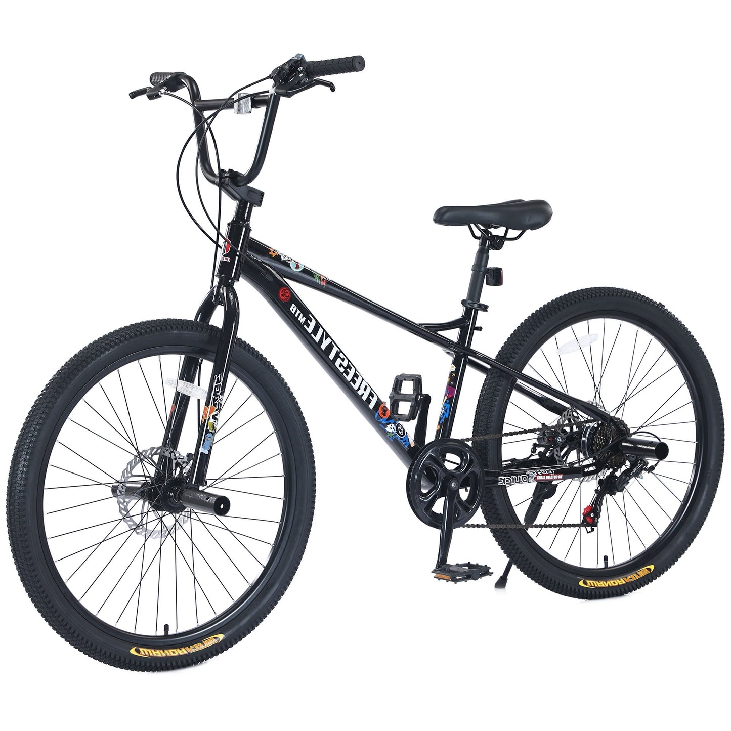 Freestyle 26-Inch Mountain Bike, Shimano 7 Speed/Carbon Steel Frame/Double Disc Brakes, Bicycle Black for Boys and Girls Age 12+ Years