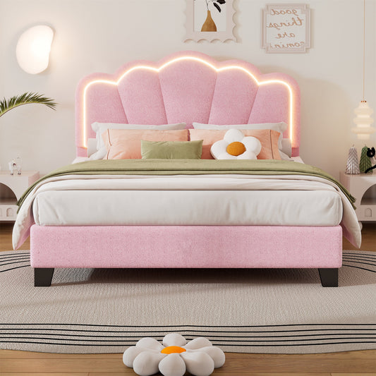 Full Size Bed Frame with Adjustable Headboard, Flower-Shape Platform Bed Frames with LED Light, Noise Free, Easy Assembly, Sherpa Fabric Upholstered Bed Frame with Metal Legs for Girls