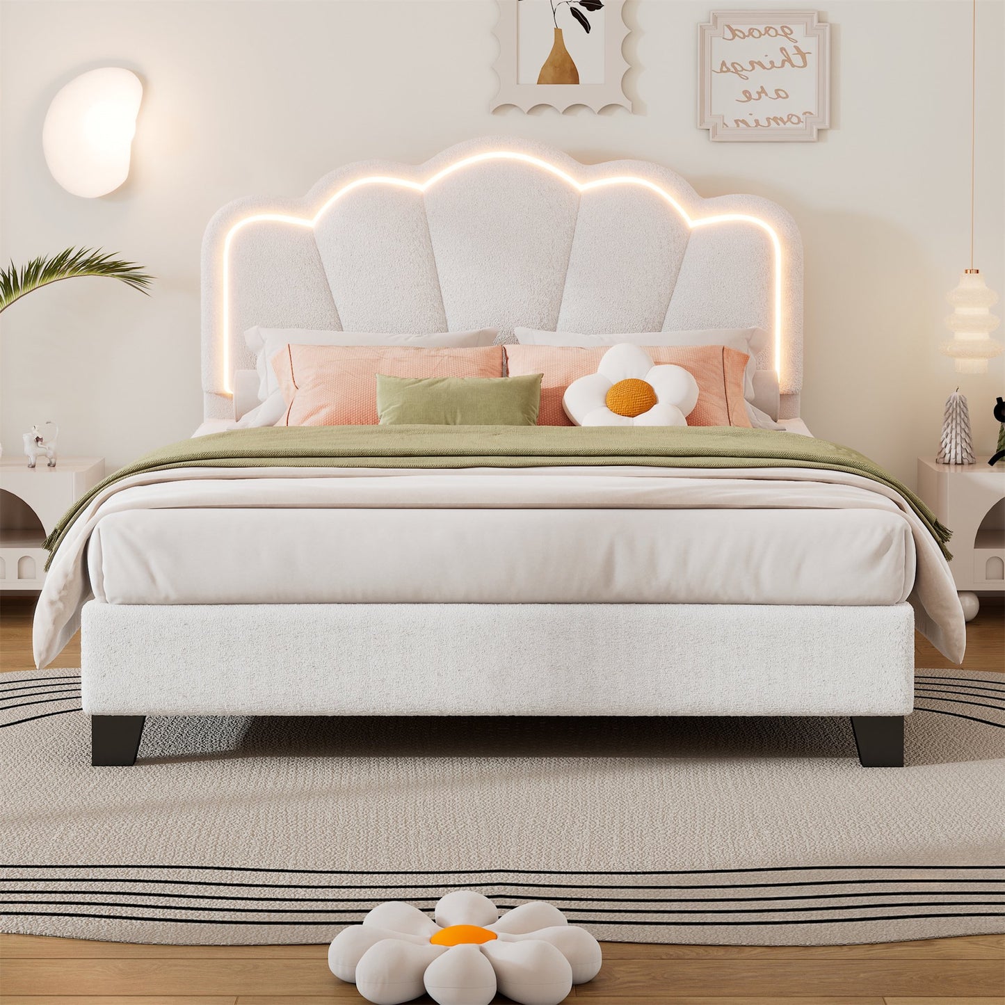 Full Size Bed Frame with Adjustable Headboard, Flower-Shape Platform Bed Frames with LED Light, Noise Free, Easy Assembly, Sherpa Fabric Upholstered Bed Frame with Metal Legs for Girls