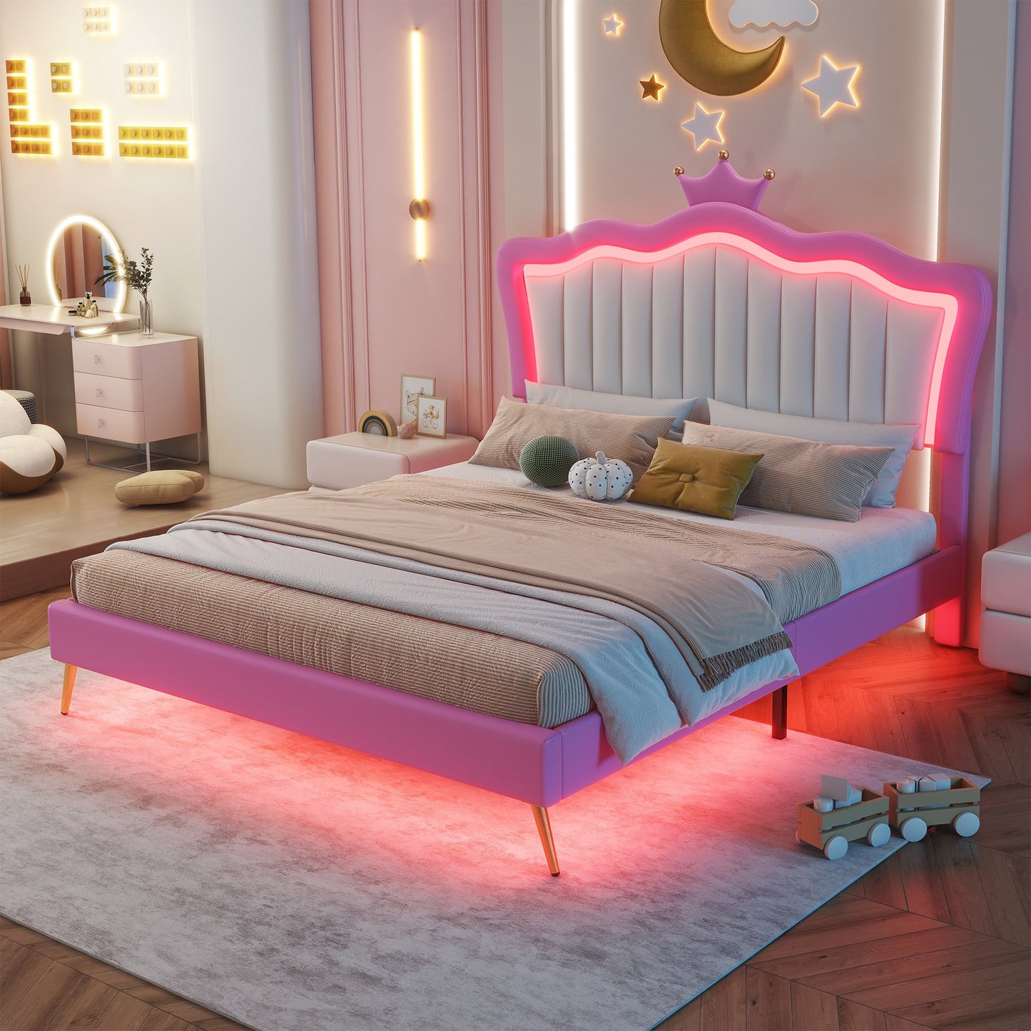 Full Size Bed Frame with Crown Headboard, Platform Bed Frame with Adjustable LED Lights, Noise Free, No Box Spring Needed, Easy Assembly, Modern Princess Upholstered Bed Frame for Girls, Pink&White