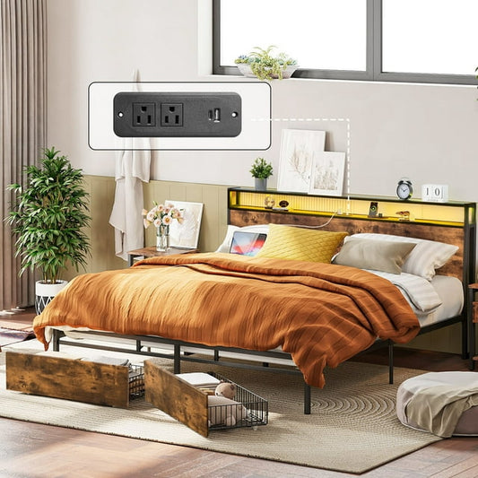 Bed Frame with Storage Headboard Charging Station USB Outlet, Wood Platform Bed Frame with Led Lights and Drawers for Adult Teen Bedroom Furniture, No Box Spring Need, Easy Assembly, Brown
