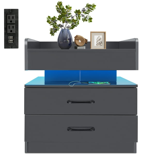 Nightstand with Charging Station LED Lights, Modern Small Bedside Table With Drawers, High Gloss End Table With USB Ports/Power Outlet for Bedroom Living Room