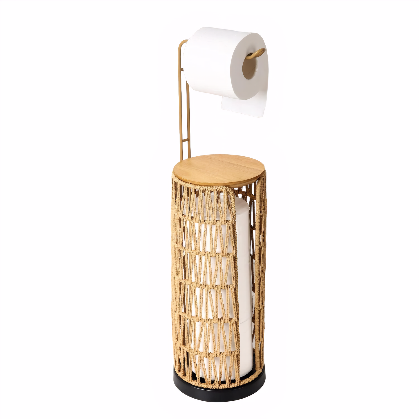 CASEMIOL Toilet Paper Holder Free Standing with Shelf, Handmade Woven Toilet Paper Holder Stand for 4 Rolls, Toilet Paper Storage for Phones and Small Items, Tissue Holder for Bathroom