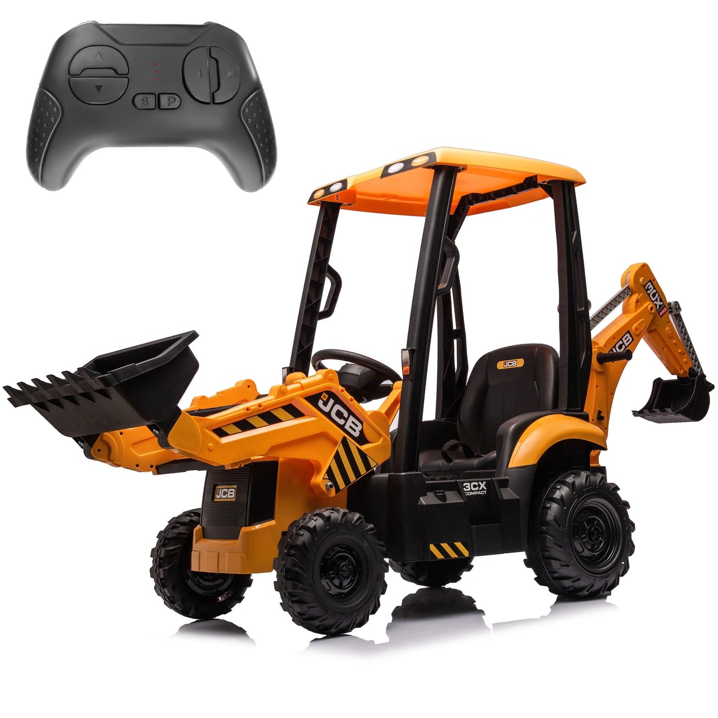 JCB Excavator Ride On & Bulldozer, 12V Battery Powered Construction Vehicles for Kids with Remote Control and Front Loader, Music Player, Backhoe Loader Ride-On Large Digger Yellow