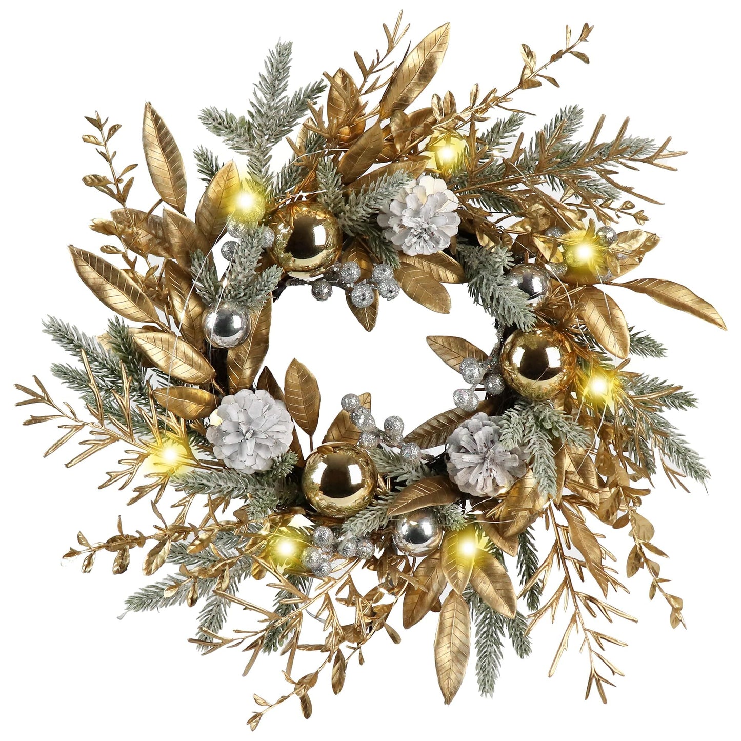 20 In Christmas Wreath with 8 Lighting Modes & Timer Function, Christmas Decorations with Christmas Balls, Pine Cones, Golden Berries, Pine Needle, Christmas Wreaths for Front Door