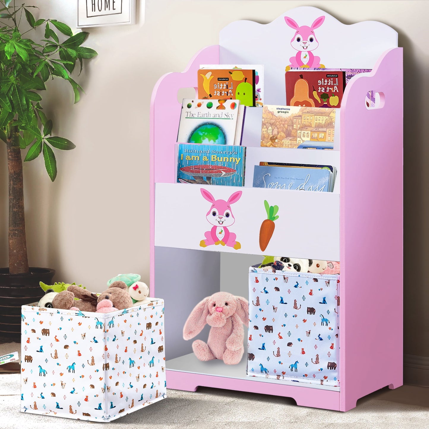 Kids Bookshelf and Toy Storage Organizer, Small Toddler Book Shelf with 3-Tier Open Storage Shelves, Modern Wood Bookcase with Handle, Perfect for Kids Room Nursery Classroom Corner