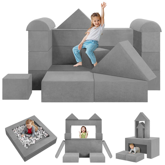 Kids Couch Sofa 12PCS, Convertible Toddler Couch, Modular Kids Play Couch, Floor Sectional Couch, Kids Buildable Couch for Playing, Reading, Sleeping, DIY Creativing Playroom Furniture, Grey