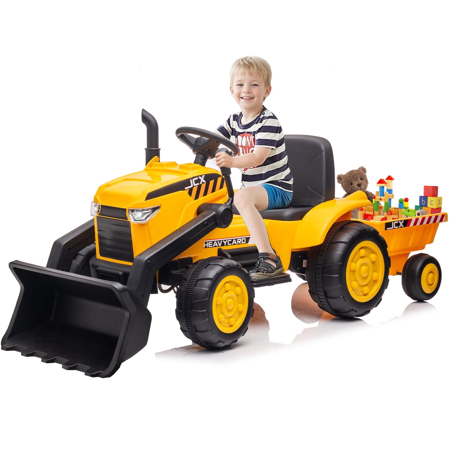 Kids Ride on Tractor with Trailer Toy Cars, 12V Battery Powered Ride on Excavator Bulldozer with Remote Control, Ride on Construction Truck w/Music/Digging Fun/Headlights for 3-5 Boys Girls, Yellow
