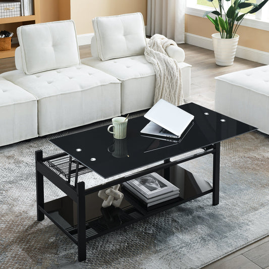 Lift Top Coffee Table with Tempered Glass Top, Rising Center Cocktail Table Tea Table with Adjustable Leg Pads, Hidden Dividers and Storage Shelves, Sofa Side Table for Living Room, Black