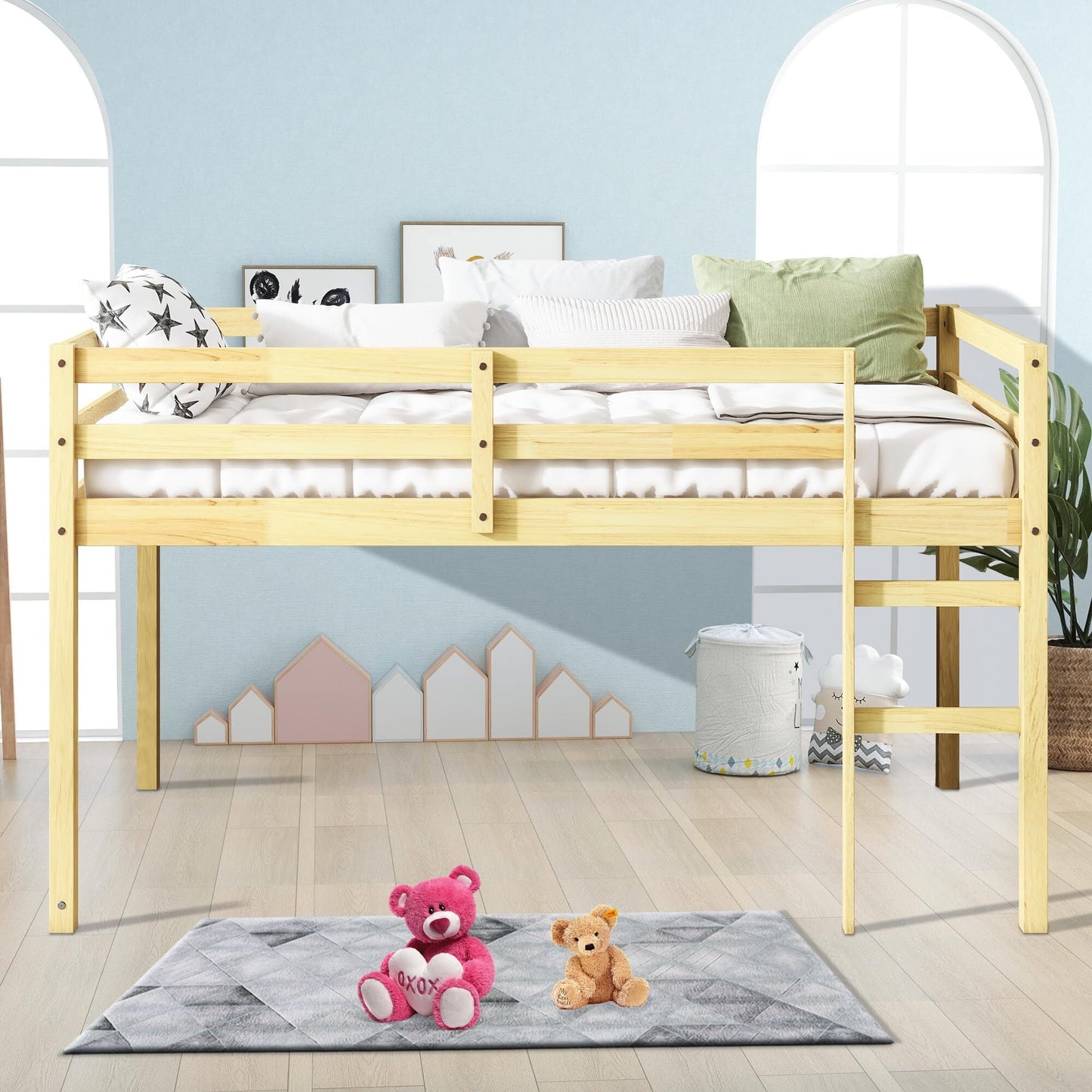 Low Loft Bed Twin Size, Kids Solid Wood Modern Loft Bed Frame with Ladder and Safety Guardrail for Girls Boys, Noise-Free, Non-Toxic Finishes, Space-Saving, No Box Spring Needed, Natural
