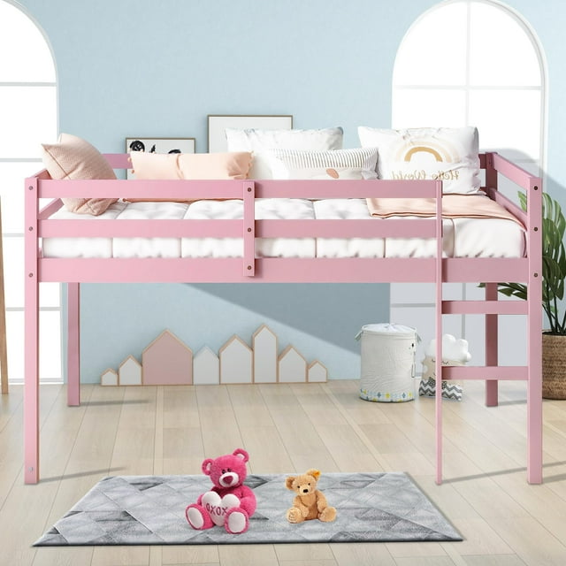 Low Loft Bed Twin Size, Kids Solid Wood Modern Loft Bed Frame with Ladder and Safety Guardrail for Girls Boys, Noise-Free, Non-Toxic Finishes, Space-Saving, No Box Spring Needed, Pink