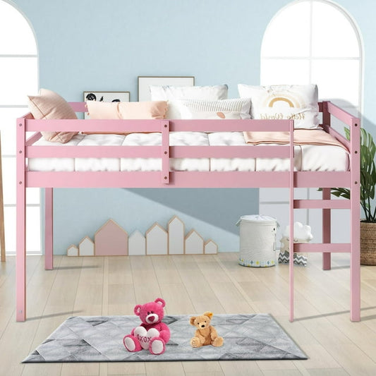 Low Loft Bed Twin Size, Kids Solid Wood Modern Loft Bed Frame with Ladder and Safety Guardrail for Girls Boys, Noise-Free, Non-Toxic Finishes, Space-Saving, No Box Spring Needed, Pink