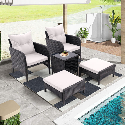 Outdoor Patio Furniture Set 5 Piece, Rattan Outside Patio Conversation Furniture Set with Ottomans and Coffee Table, All Weather Patio Dining Bistro Sets with Cushions for Garden Balcony