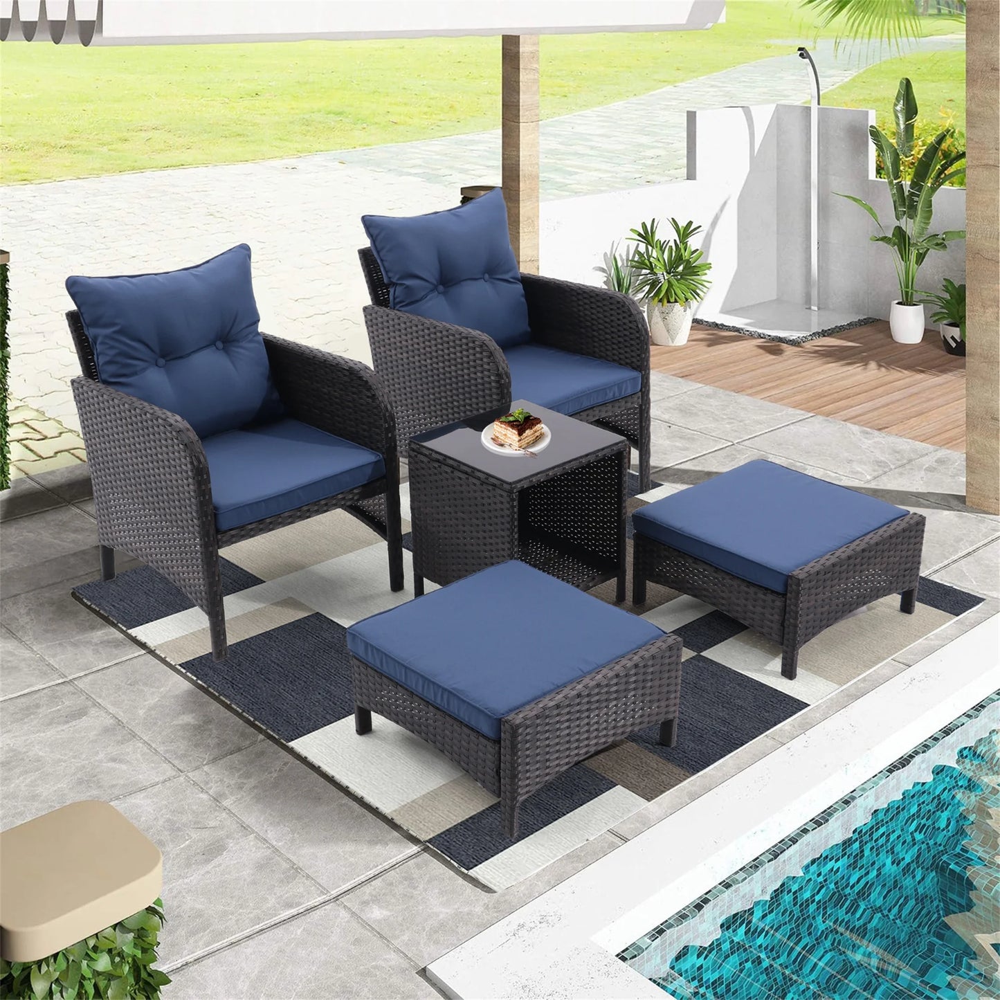 Outdoor Patio Furniture Set 5 Piece, Rattan Outside Patio Conversation Furniture Set with Ottomans and Coffee Table, All Weather Patio Dining Bistro Sets with Cushions for Garden Balcony