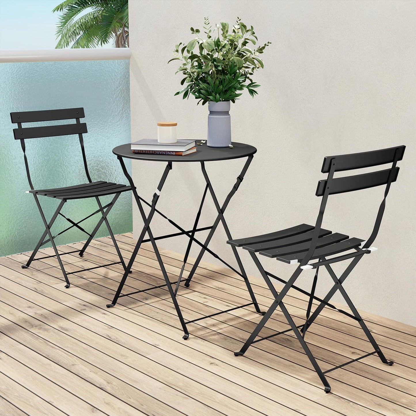 Outdoor Patio Furniture Sets, 3 Piece Patio Set of Folding Bistro Table and Chairs with Cushion, Metal Patio Conversation Chairs and Coffe Table for Front Porch Yard Lawn Poolside Balcony