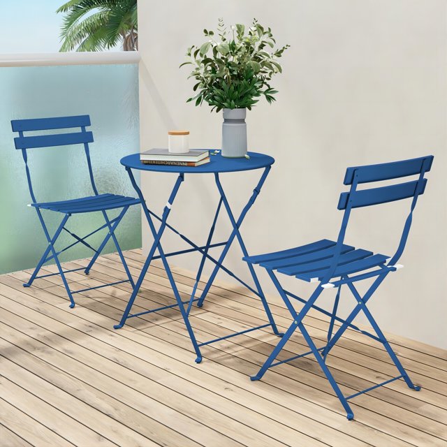 Outdoor Patio Furniture Sets, 3 Piece Patio Set of Folding Bistro Table and Chairs with Cushion, Metal Patio Conversation Chairs and Coffe Table for Front Porch Yard Lawn Poolside Balcony