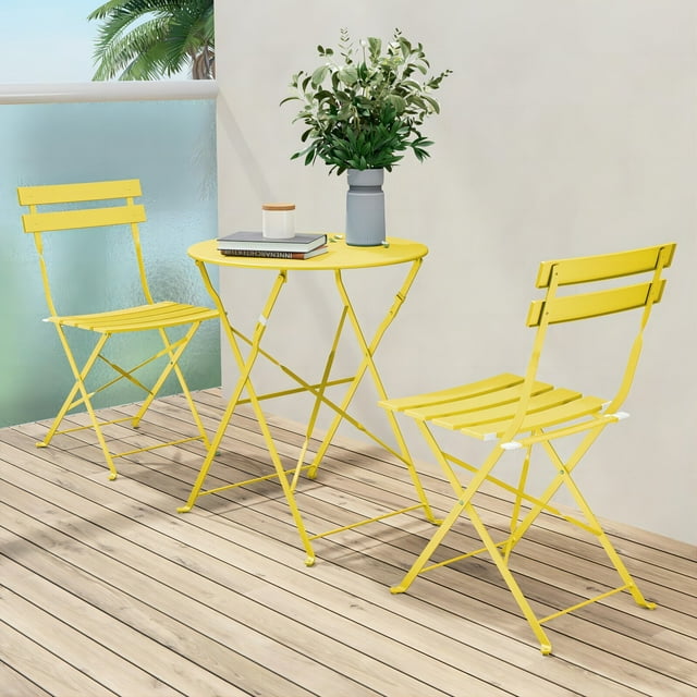 Outdoor Patio Furniture Sets, 3 Piece Patio Set of Folding Bistro Table and Chairs with Cushion, Metal Patio Conversation Chairs and Coffe Table for Front Porch Yard Lawn Poolside Balcony
