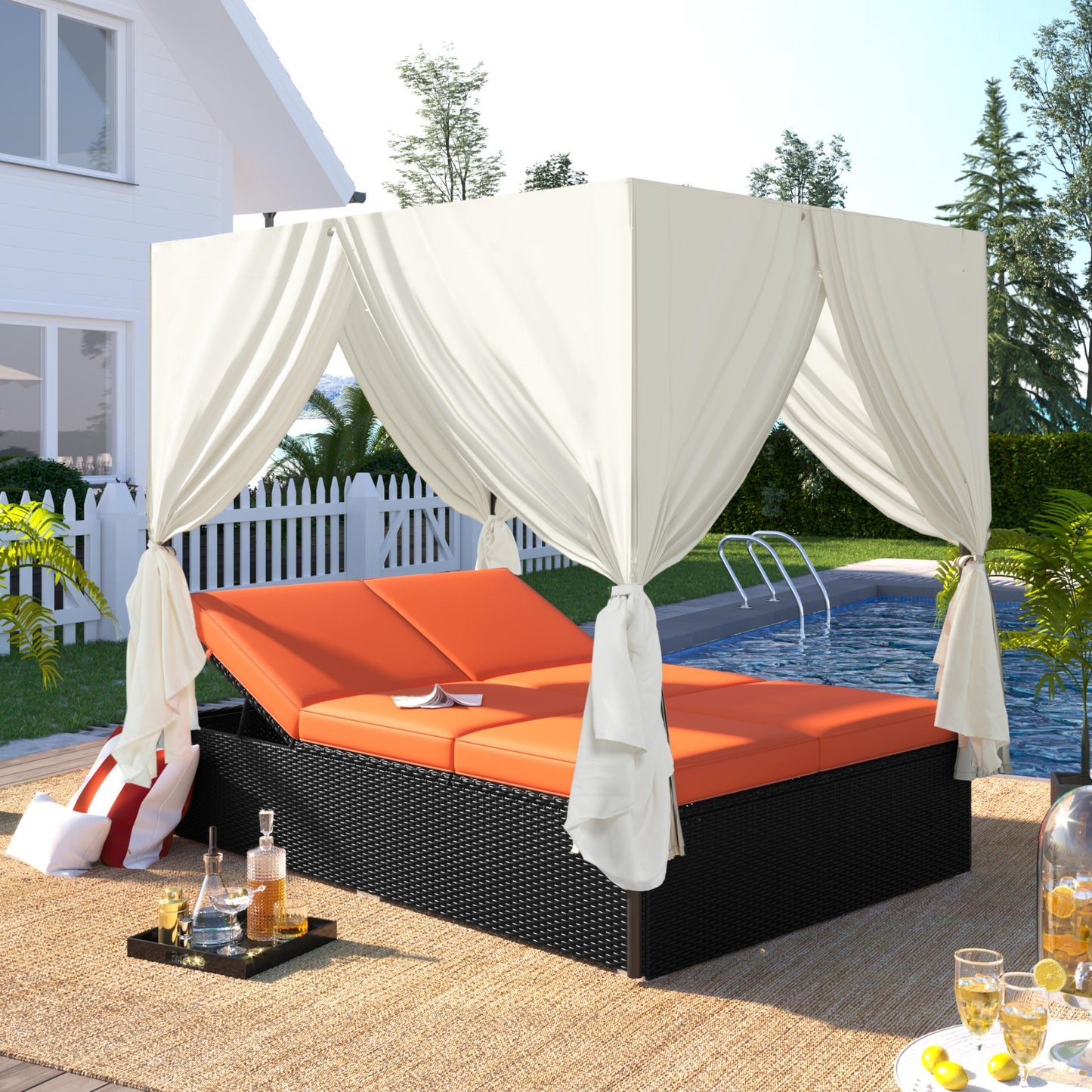 Outdoor Sectional Patio Daybed with Curtains, Sunbed Rattan Wicker Patio Bed with Cushions and Adjustable Seats, Patio Loveseat Sofa Set for Backyard Porch Lawn, Orange