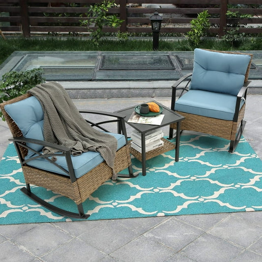 Patio Furniture Set, Patio Outdoor Rocking Chairs Set, Wicker Patio Conversation Chairs and Coffe Table with 4 Cushions for Porch, Yard, Lawn, Poolside, Balcony, 3Pcs, Blue