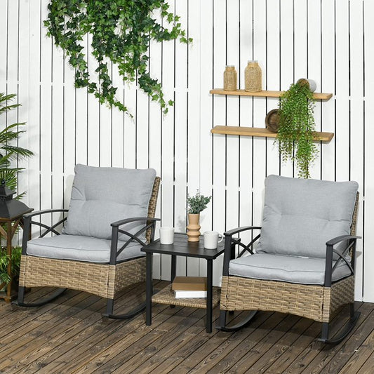 Patio Furniture Set, Patio Outdoor Rocking Chairs Set, Wicker Patio Conversation Chairs and Coffe Table with 4 Cushions for Porch, Yard, Lawn, Poolside, Balcony, 3Pcs, Gray