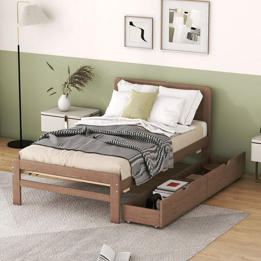 Platform Bed Frame with Storage Drawers, Twin Size Wood Bed Frame With Headboard No Box Spring Needed for Boys Teen Bedroom Furniture, Modern Platform Bed Frame Concise Style, Easy Assembly