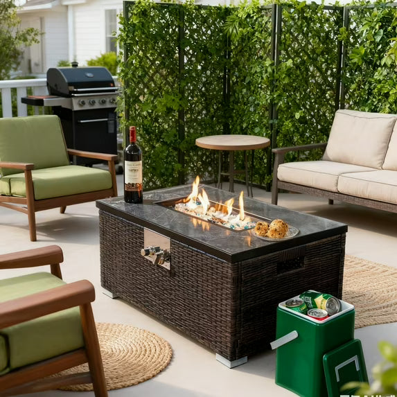 Propane Fire Pit Table 32", 50000 BTU Rectangular Fire Pit with Tile Tabletop and Wicker Base for Outside Patio Deck Garden, ETL Approved Stainless Steel Burner, Brown