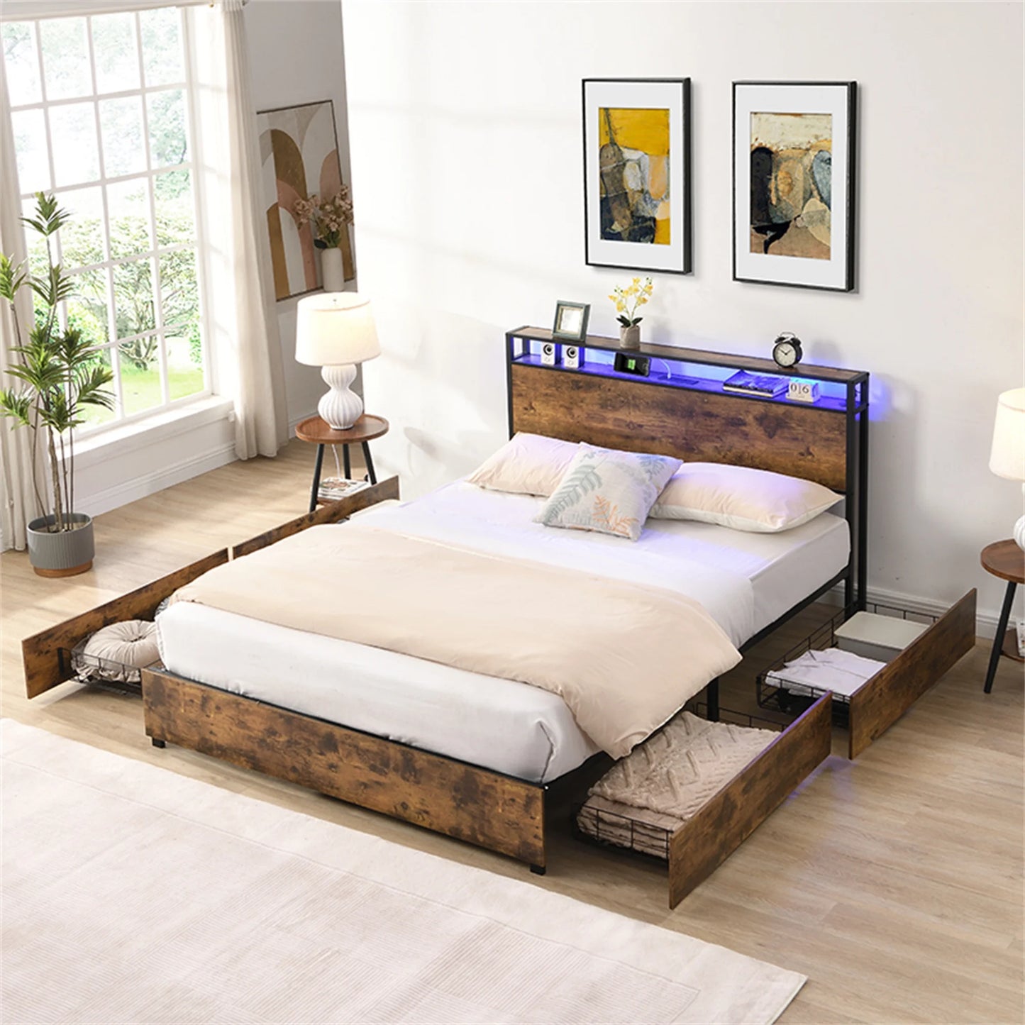 Full Size Bed Frame with Headboard and Charging Station, Platform Bed Frame with 4 Storage Drawers, Stable Metal Bed Frame with LED Lights, Noise Free, No Box Spring Needed, Easy Assembly, Brown