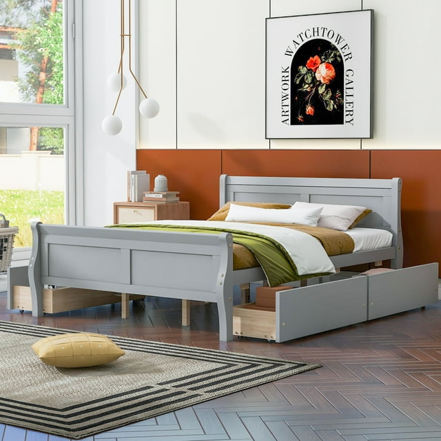 Queen Size Platform Bed Frame with 4 Storage Drawers, Modern Wood Platform Bed with Headboard and Footboard Queen Size for Kids Teens Adults Bedroom, No Box Spring Needed, Easy Assembly