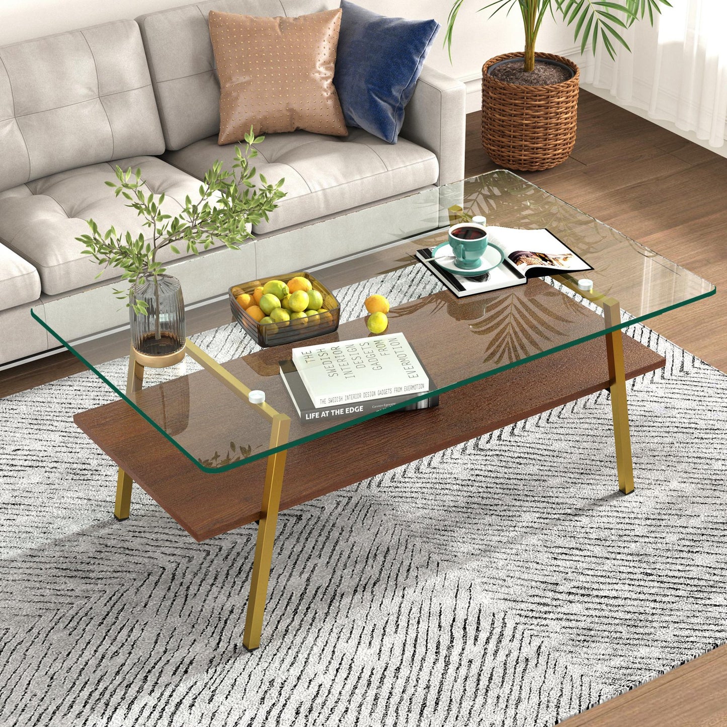 Rectangle Coffee Table, Modern Double Layer Center Table with Tempered Glass Tabletop and Black Metal Legs, Tea Table for Living Room Home Office, Gray Glass