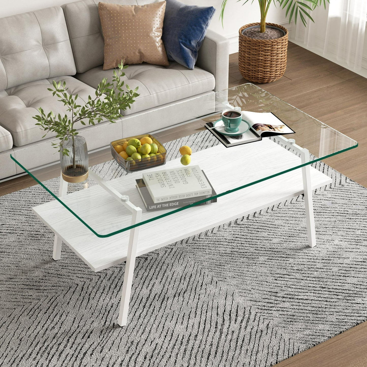 Rectangle Coffee Table, Modern Double Layer Center Table with Tempered Glass Tabletop and Black Metal Legs, Tea Table for Living Room Home Office, Gray Glass