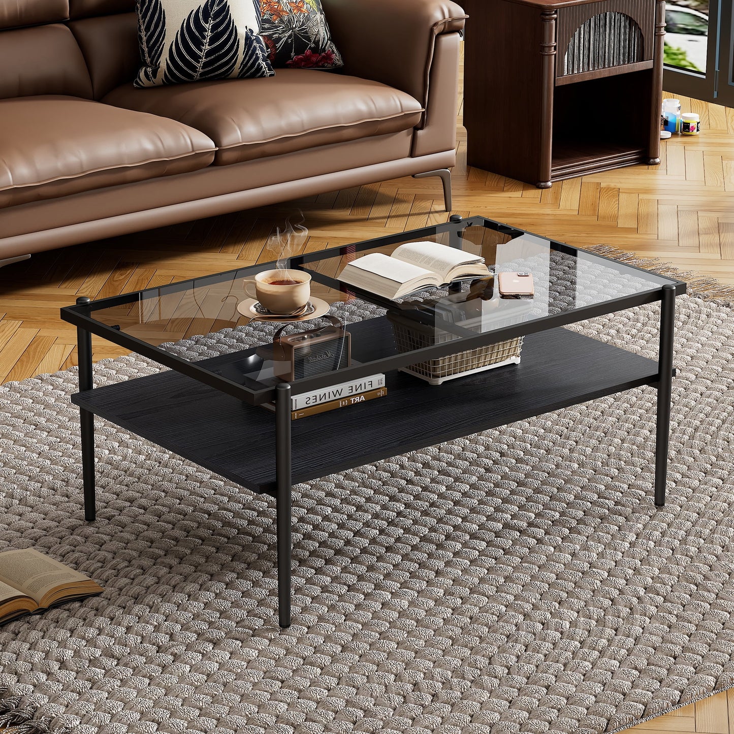 Rectangle Glass Coffee Table with Double Layer Storage Center, Modern Small Clear Coffee Table Tea Table Cocktail Table with Black Sturdy Metal Legs for Living Room Home Office, Gray Tempered Glass