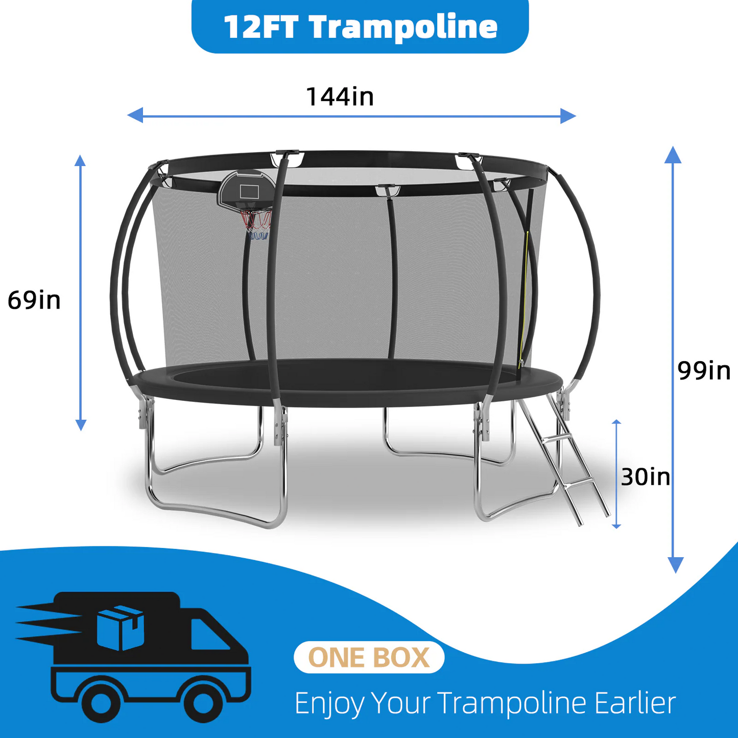 CASEMIOL 12ft Trampoline with Basketball Hoop, Trampoline Outdoor Indoor with Enclosure Net & Ladder, Recreational Trampolines for Kids and Adults(3-4 Users), 1000lbs Capacity