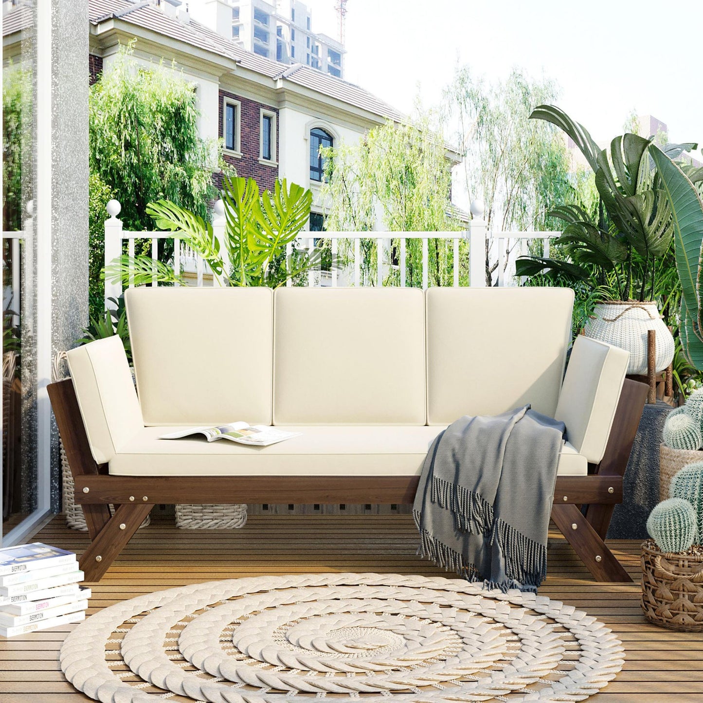 Outdoor Patio Daybed, Sunbed Expandable Chaise Lounge Sofa Bed with Cushions and Adjustable Armrest, Wooden Patio Furniture Set All Weather for Balcony Backyard Porch Lawn, Beige