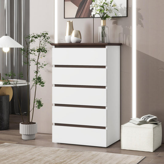 Tall Dresser for Bedroom with 5 Drawers, Wooden Wide Chest of Drawers with Large Storage Unit, Modern Room Dresser with Wood Color Top for Living Room Entry Hallway Furniture, White