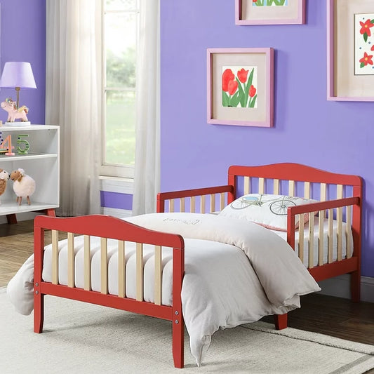 Toddler Bed Coral/Natural, Sesslife Wood Toddler Bed frame for Boys Girls, Platform Bed with Safety Side Rails, Headboard, Kids Bed No Box Spring Needed, Modern Toddler Furniture for Toddler Room