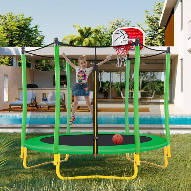 Trampoline for Kids, 65" Toddler Mini Trampoline with Enclosure Net, 5.5FT Indoor/Outdoor Kids Trampoline with Basketball Hoop/Basketball for Boys Girls Age 1-8, Yellow