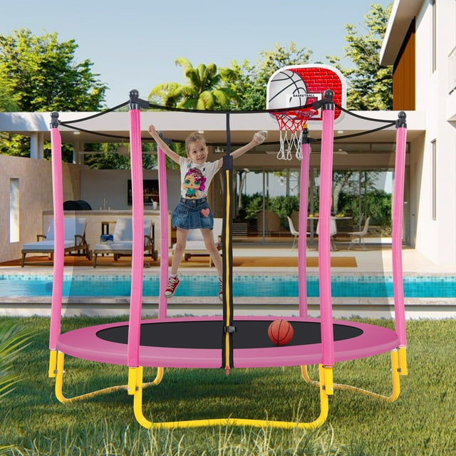 Trampoline for Kids, 65" Toddler Mini Trampoline with Enclosure Net, 5.5FT Indoor/Outdoor Kids Trampoline with Basketball Hoop/Basketball for Boys Girls Age 1-8, Yellow