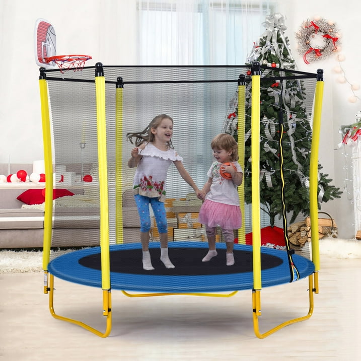 Trampoline for Kids, 65" Toddler Mini Trampoline with Enclosure Net, 5.5FT Indoor/Outdoor Kids Trampoline with Basketball Hoop/Basketball for Boys Girls Age 1-8, Yellow